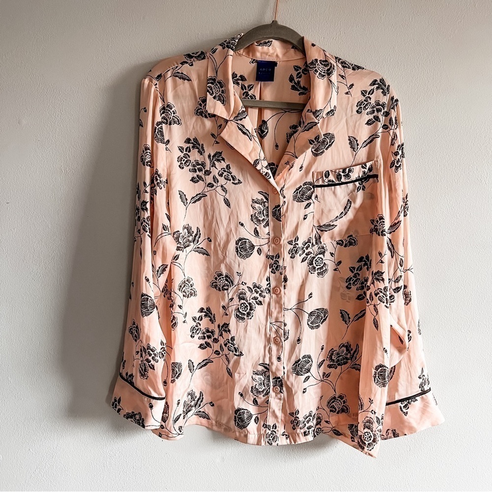 Apt. 9 Pink & Black Floral Silky Long Sleeve Button Up Pajama Top Large